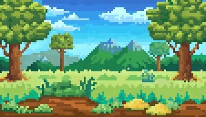 Landscape with trees, grass and sky pixel art background. 8-bit game assets