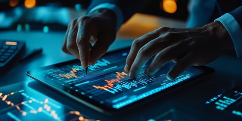 Naklejka premium Business Analyst Deciphering Digital Financial Charts on a Tablet, with Graphic Data Overlay on a Clean Background, Exemplifying Market Analysis