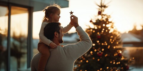 A father and daughter decorating a Christmas tree. Christmas in summer
