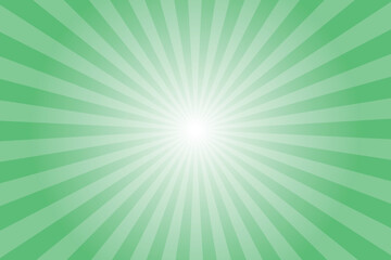 Obraz premium Green background with sun ray. Pattern of starburst. Abstract emerald green texture with light of sunburst. Radial beam of sunlight. Retro background with flash. Design of sunbeams. Vector.