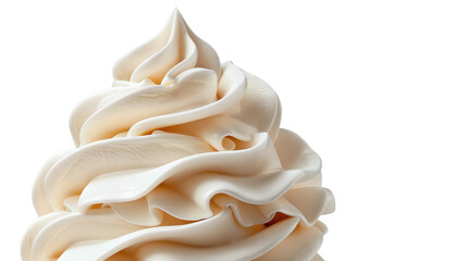 Close-up of creamy vanilla soft-serve ice cream swirl against a white background, showcasing its smooth texture and delicious appeal.