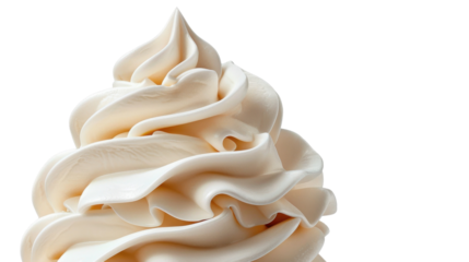 Close-up of creamy vanilla soft-serve ice cream swirl against a white background, showcasing its smooth texture and delicious appeal.