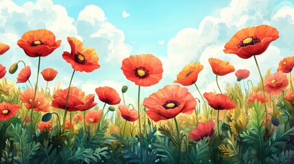 Obraz premium Vibrant Red Poppies in a Sunny Field with Blue Sky and Fluffy Clouds - Nature's Beauty in Full Bloom