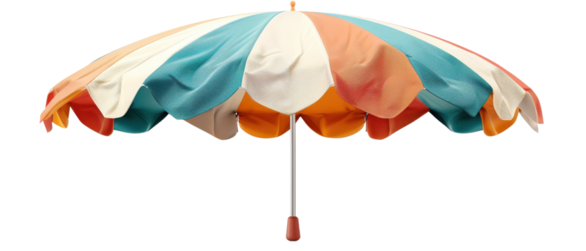 Colorful beach umbrella with red, white, and blue panels, perfect for providing shade during a sunny day at the beach or outdoor activities.