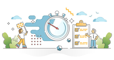Naklejka premium Fast service and package express delivery time limit check outline concept, transparent background. Satisfied customer with urgent ASAP order distribution illustration.