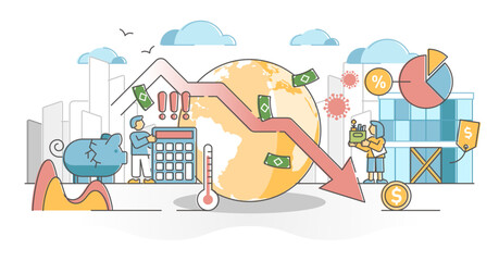 Financial crisis and economical bankruptcy with money loss outline concept, transparent background. Market crash risk from virus pandemic problems illustration.