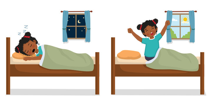 Cute little African girl sleeping in the bed at night and wake up in the morning
