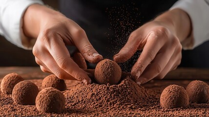 A chocolatier rolling truffles in cocoa powder, with detailed textures and rich, velvety finishes, photo-realistic, traditional confectionery techniques