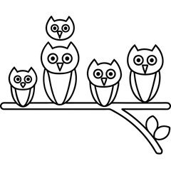 horizontal tree branches with 4 owls on top line art vector