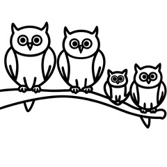 horizontal tree branches with 4 owls on top line art vector