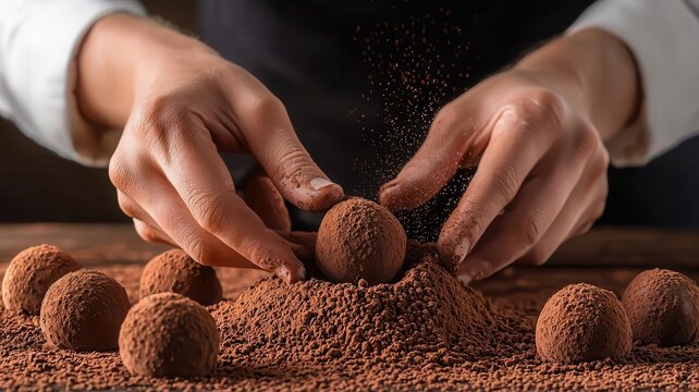 A chocolatier rolling truffles in cocoa powder, with detailed textures and rich, velvety finishes, photo-realistic, traditional confectionery techniques