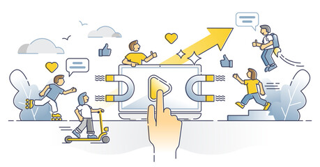 Viral content online with followers, share and like gain outline concept, transparent background. Social media marketing with symbolic powerful magnet as influencer videos or posts.