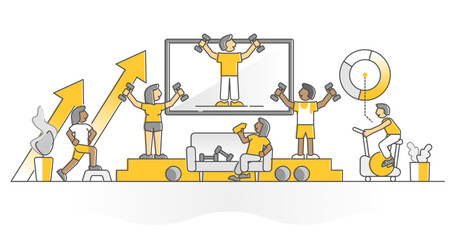 Virtual fitness training with distant gym trainer monocolor outline concept, transparent background. Digital app for sport exercise activity illustration.