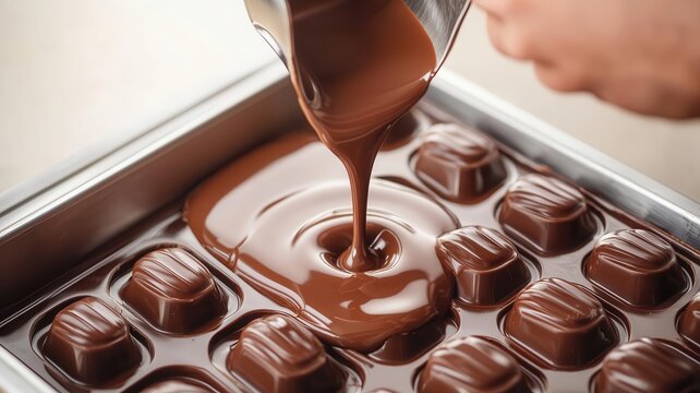 Detailed shot of chocolate being slowly poured into custom molds in an artisan workshop, photo-realistic, handcrafted chocolate with care