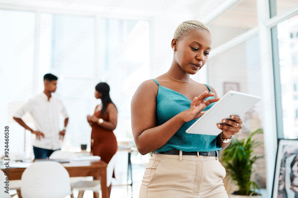 Poster internet, tablet and business black woman in office for planning, networking and project for web des
