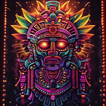 A stunning tribal mask design glows with colorful details, showcasing intricate craftsmanship against a dark background