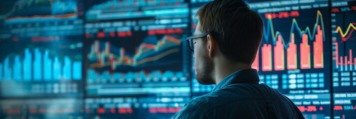 A man is analyzing vibrant charts and financial data displayed on multiple monitors, emphasizing the modern financial work environment.