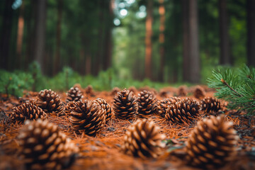 Fototapeta premium Pine cones scattered on forest