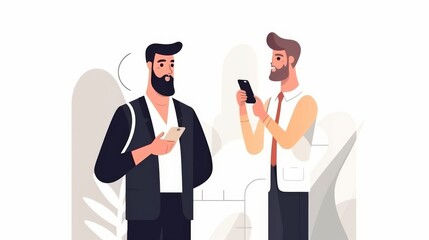 Two men are standing next to each other, both looking at their cell phones