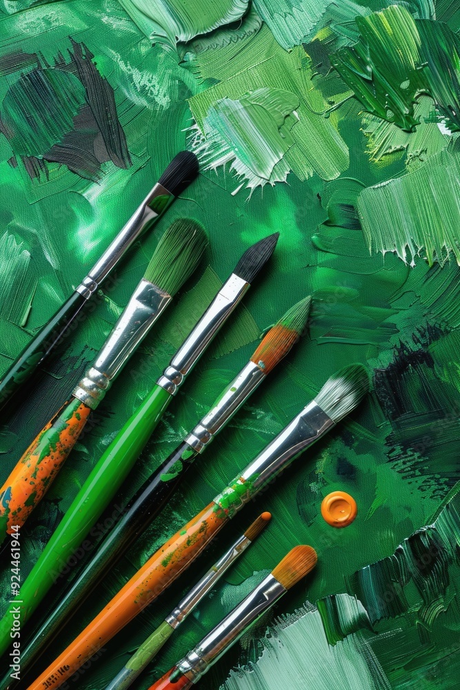 Poster a collection of paint brushes arranged on a green surface, ready for artistic use
