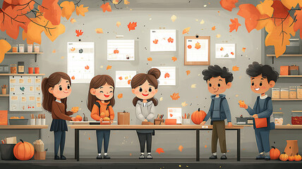 Teachers and students working together to set up a fall-themed classroom display, smiling faces and warm colors, high-resolution flat vector.