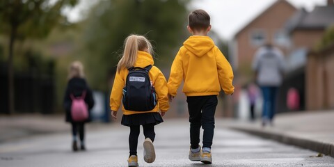 School children starting school for the first time in their new uniforms