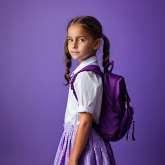 small girl in uniform ready to go to school, purple background