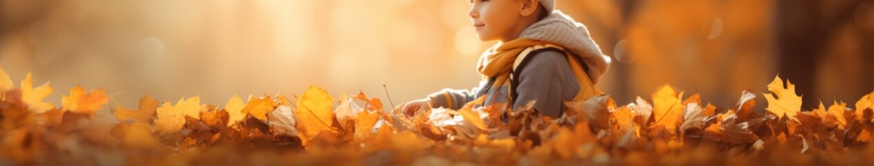Cherubic Child in Cozy Winter Wear Delightedly Immersed in a Pile of Autumn Leaves, Bathed in Sunlight, Embracing the Fall Concept.
