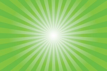 Obraz premium Green background with sun ray. Pattern of starburst. Abstract lime green texture with light of sunburst. Radial beam of sunlight. Retro background with flash. Design of sunbeams. Vector.