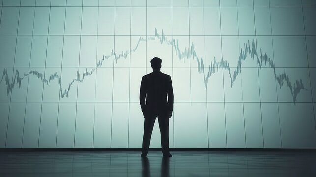 A businessman standing in front of a large graph showing steep financial decline, his expression blank