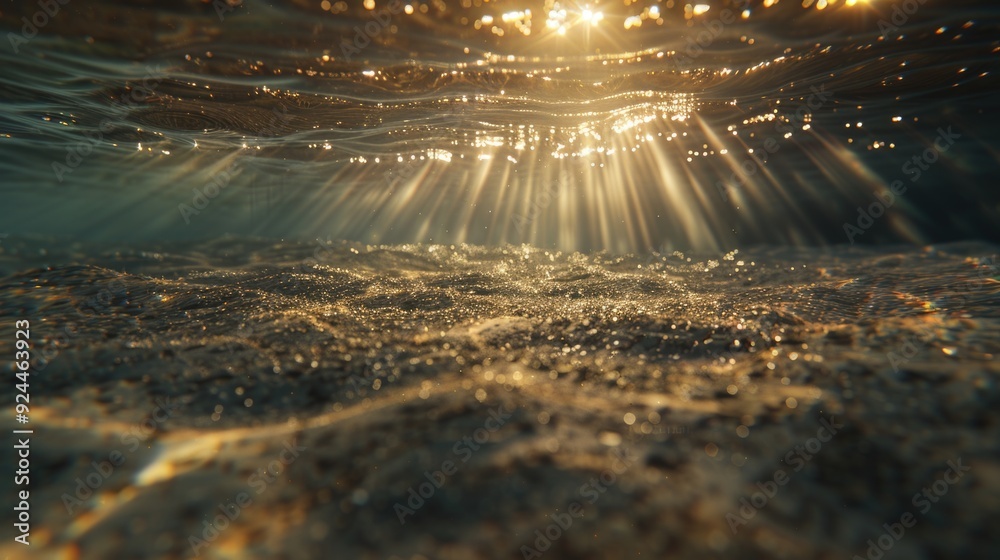 Poster calm water with shining sunlight piercing through the surface, ideal for use in illustrations and de