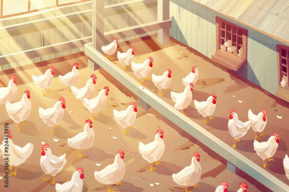 Poster group of chickens roaming outside a building