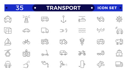 Transport outline icon set. Shipping And Courier icon. Containing order tracking, delivery home, warehouse, truck, scooter, courier Sea Air, Date, Return Search Parcel and cargo icons.