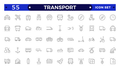 Transport outline icon set. Shipping And Courier icon. Containing order tracking, delivery home, warehouse, truck, scooter, courier Sea Air, Date, Return Search Parcel and cargo icons.