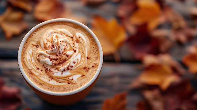 latte with cinnamon and whipped cream on rustic wooden table with autumn leaves