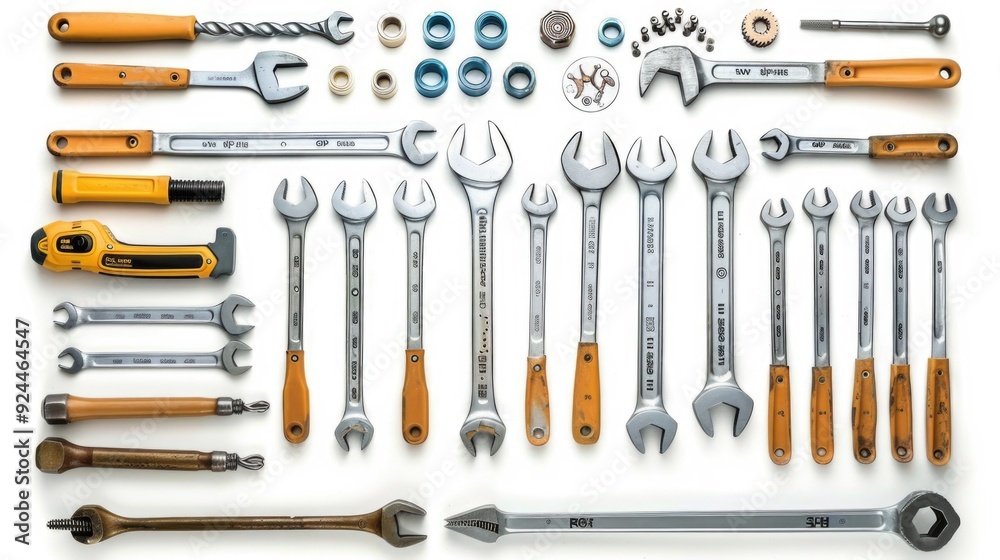 Poster various office tools and materials laid out on a white surface, ideal for use in presentations or as