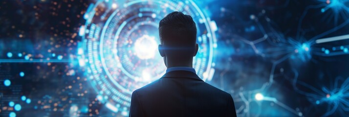 A man in a suit stands before a glowing, high-tech holographic interface, immersed in a futuristic digital environment with interconnected data.