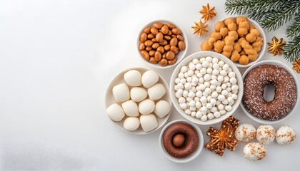 Assortment of Festive New Year s Snacks and Treats on White Background