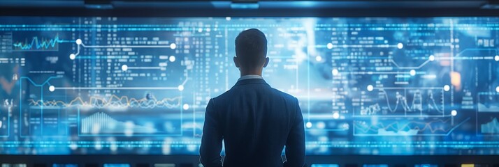 Businessman examines a massive digital screen filled with graphs, charts, and data points, showcasing advanced data analytics and futuristic technology.