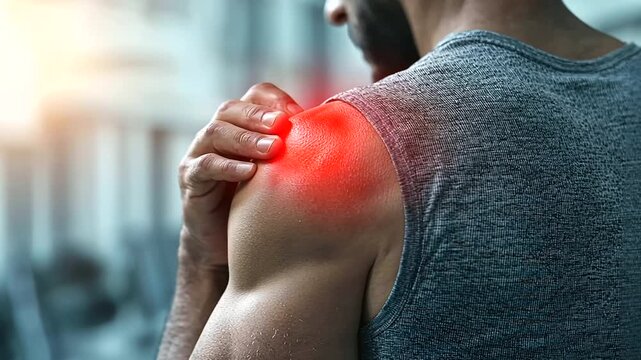 A man gripping his shoulder, highlighting a red area of pain from a muscular injury during gym training. The image emphasizes the impact of workout accidents and the need for joint care and massage fo