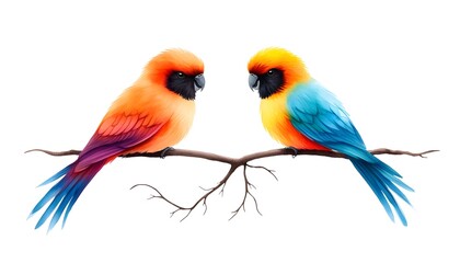 Fototapeta premium Two Vibrant Parrots Perched on Branch Against White Background