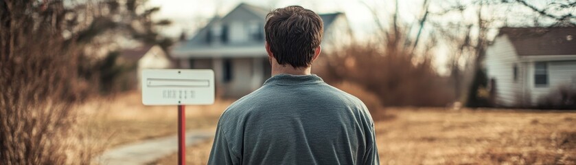 Fototapeta premium A man looking at a foreclosure sign on his lawn, a single tear rolling down his cheek
