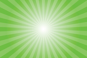 Green background with sun ray. Pattern of starburst. Abstract SGBUS green texture with light of sunburst. Radial beam of sunlight. Retro background with flash. Design of sunbeams. Vector illustration.
