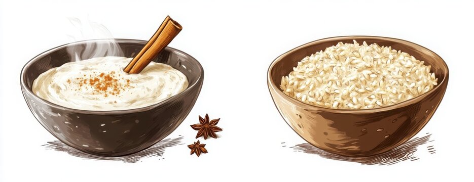  one of porridge with cinnamon and anise stars in it and secondly a white background bowl filled up to almost full height with milky brown steaming porridge. 