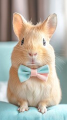Obraz premium A guinea pig dressed in a bow tie sits peacefully, exuding charm and cuteness in a warm, softly lit interior