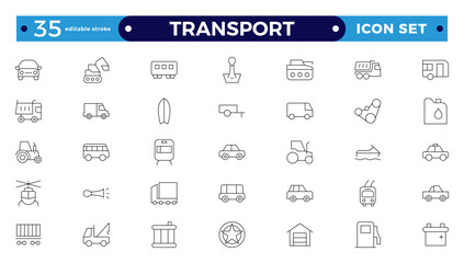 Transport outline icon set. Shipping And Courier icon. Containing order tracking, delivery home, warehouse, truck, scooter, courier Sea Air, Return Search Parcel. Editable stroke outline icon. 