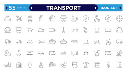 Transport outline icon set. Shipping And Courier icon. Containing order tracking, delivery home, warehouse, truck, scooter, courier Sea Air, Return Search Parcel. Editable stroke outline icon. 
