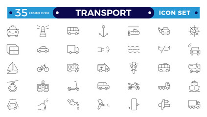 Transport outline icon set. Shipping And Courier icon. Containing order tracking, delivery home, warehouse, truck, scooter, courier Sea Air, Return Search Parcel. Editable stroke outline icon. 