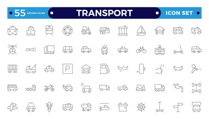 Transport outline icon set. Shipping And Courier icon. Containing order tracking, delivery home, warehouse, truck, scooter, courier Sea Air, Return Search Parcel. Editable stroke outline icon. 