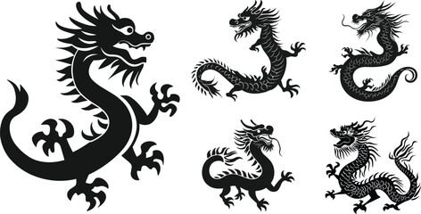 Black and White Dragon Logo Set. Chinese New Year, Dragon Silhouette Icon Collection, Vector Illustration